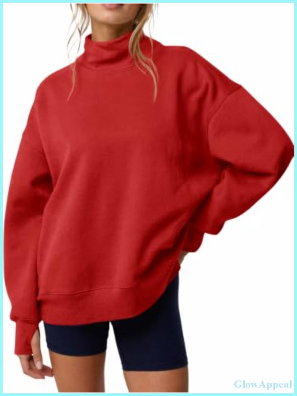 Oversized Mock Neck Sweatshirt Pullover Drop Shoulder Thumb Hole